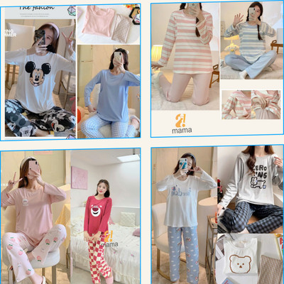 Bộ Mặc Bầu Và Sau Sinh 2mama Có Nút Mở Áo Cho Con Bú Và Nút Điều Chỉnh Chun Quần Chất Cotton Mềm Mát Co Gĩan