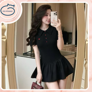  Đầm polo màu đen thêu trái tim dáng xoè tay ngắn Basic Mèo Mỡ Bigsize 60–90kg – Váy nữ xinh 