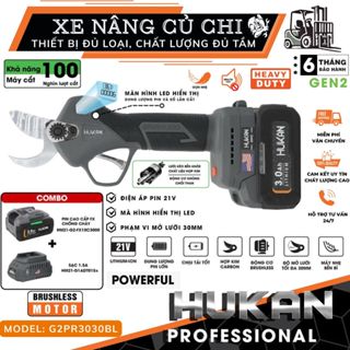 Kéo cắt cành pin có màn hình led HUKAN HM21-G2PR3030BL, động cơ không chổi than, đường kính cắt 30mm