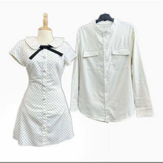   Tặng kèm chun buộc tóc  Set couple: Áo sơmi nam trơn viền túi và đầm nữ chấm bi thắt nơ cổ tiểu thư cute 