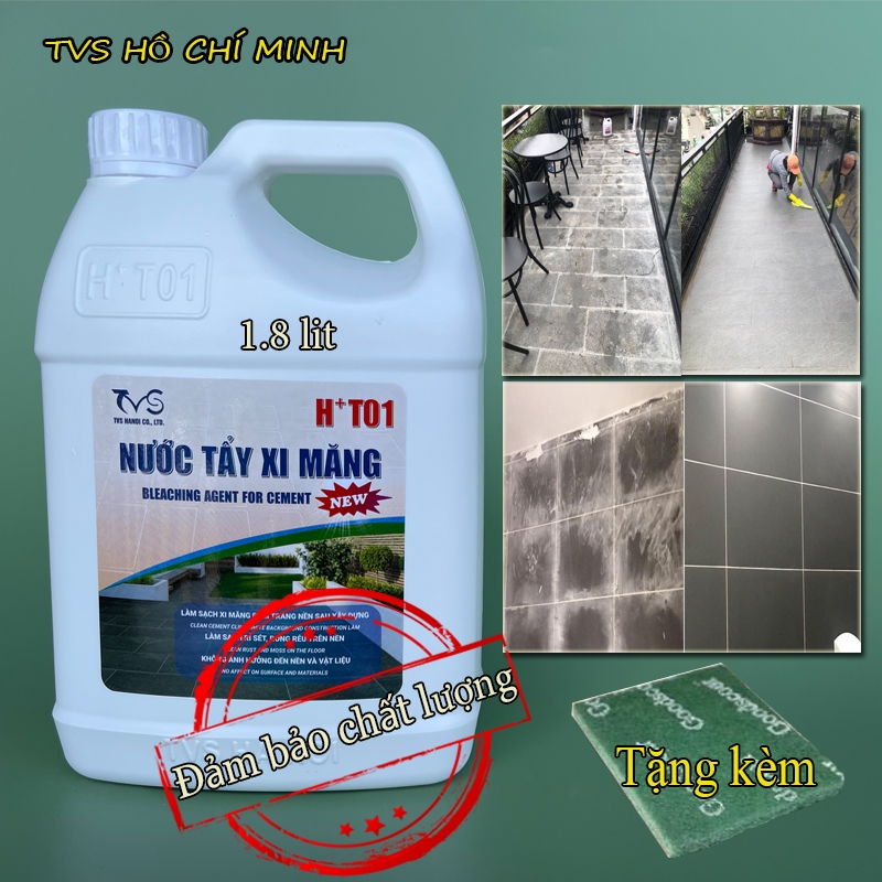 Nước tẩy xi măng HT01 can 1.8 lit, tẩy ron gạch loại mạnh nhất tặng pad chà, tẩy rong rêu cũ bẩn mới
