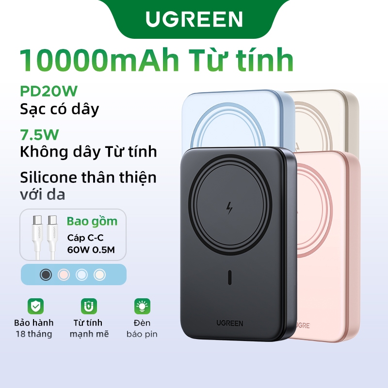 【Tặng Cáp Miễn Phí】Sạc dự phòng không dây Ugreen 10000mAh | Sạc đồng thơi 2 thiết bị | Pin Li-on | Bảo hành 18 tháng