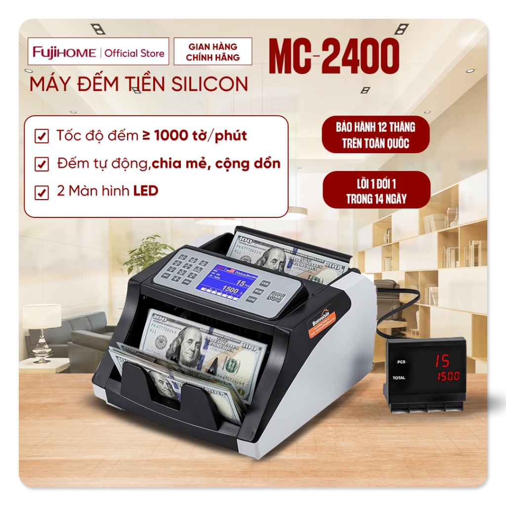 Máy đếm tiền tự động chính xác SILICON MC-2400, Tốc độ đếm 1000 tờ/phút polyme, tiền giấy đếm cộng dồn, chia mẻ
