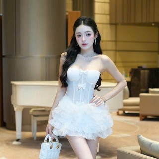  Đầm đi dự tiệc váy dự tiệc quây cúp ngực ren hoa đính no phối chân bèo xòe tầng ngắn thiết kế tiểu thư sang chảnh LEVAN 