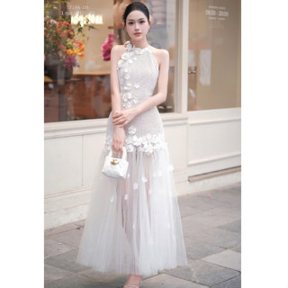 Đầm đi dự tiệc, váy dự tiệc cổ yếm ren đính hoa 3D phối chân lưới xòe dài thiết kế sang trọng thanh lịch LEVAN Jennies