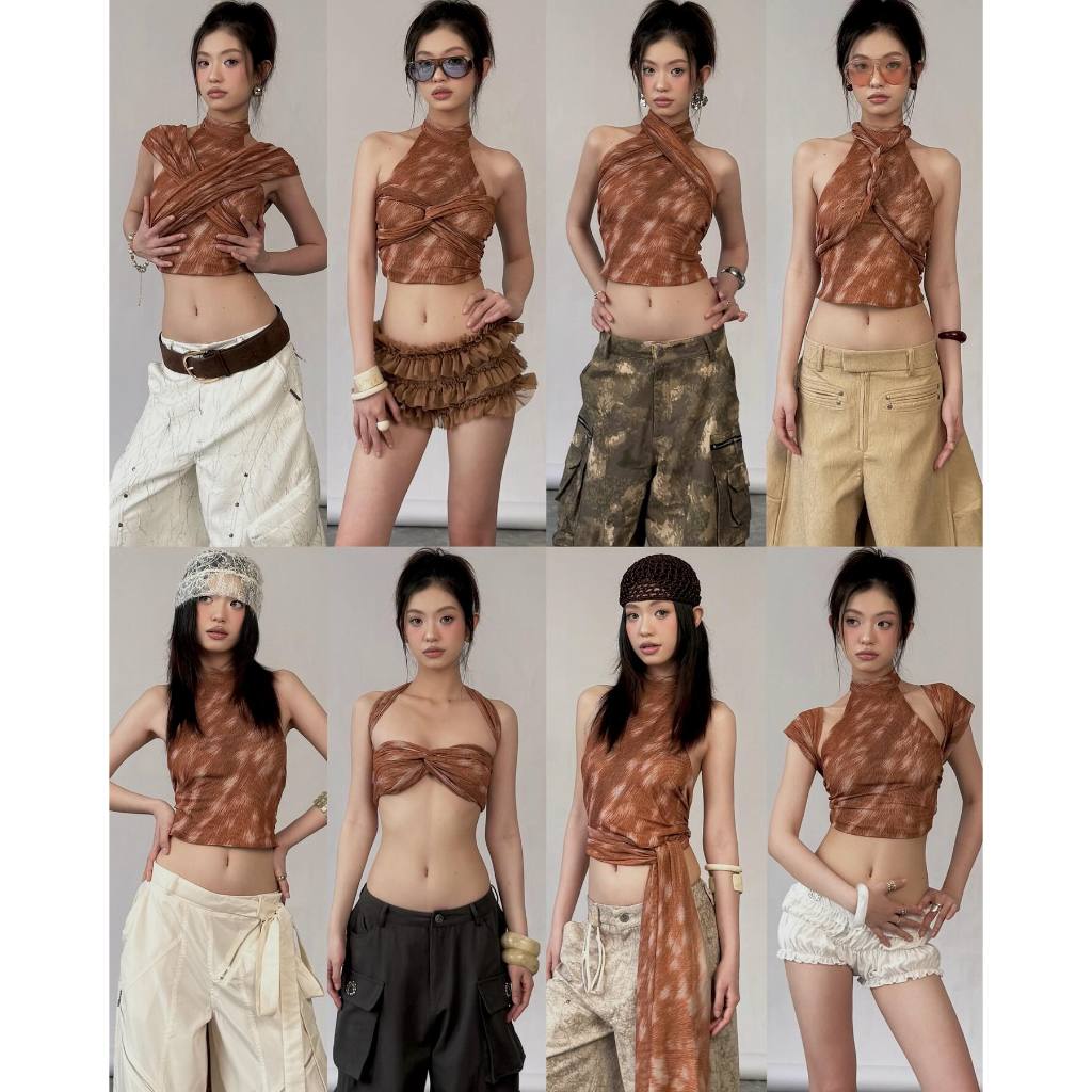 TSUN - Bambi Halter Áo Yếm Croptop Nữ Hở Lưng Họa Tiết Hươu Sao Gợi Cảm Cá Tính | BigBuy360 - bigbuy360.vn
