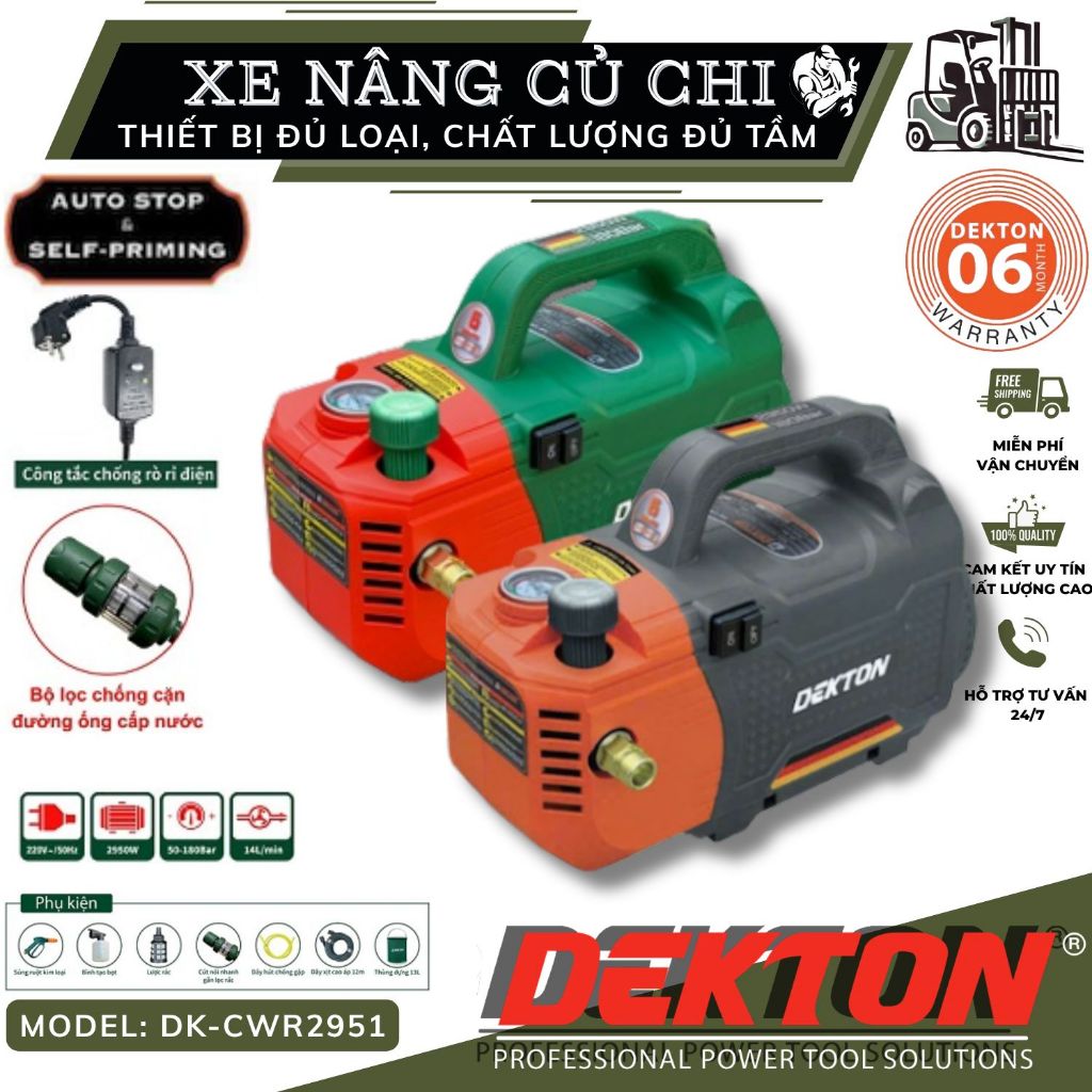 Máy rửa xe có chỉnh áp 2950W Dekton DK-CWR2951,công suất lớn, có công tắc an toàn chống rò rỉ điện