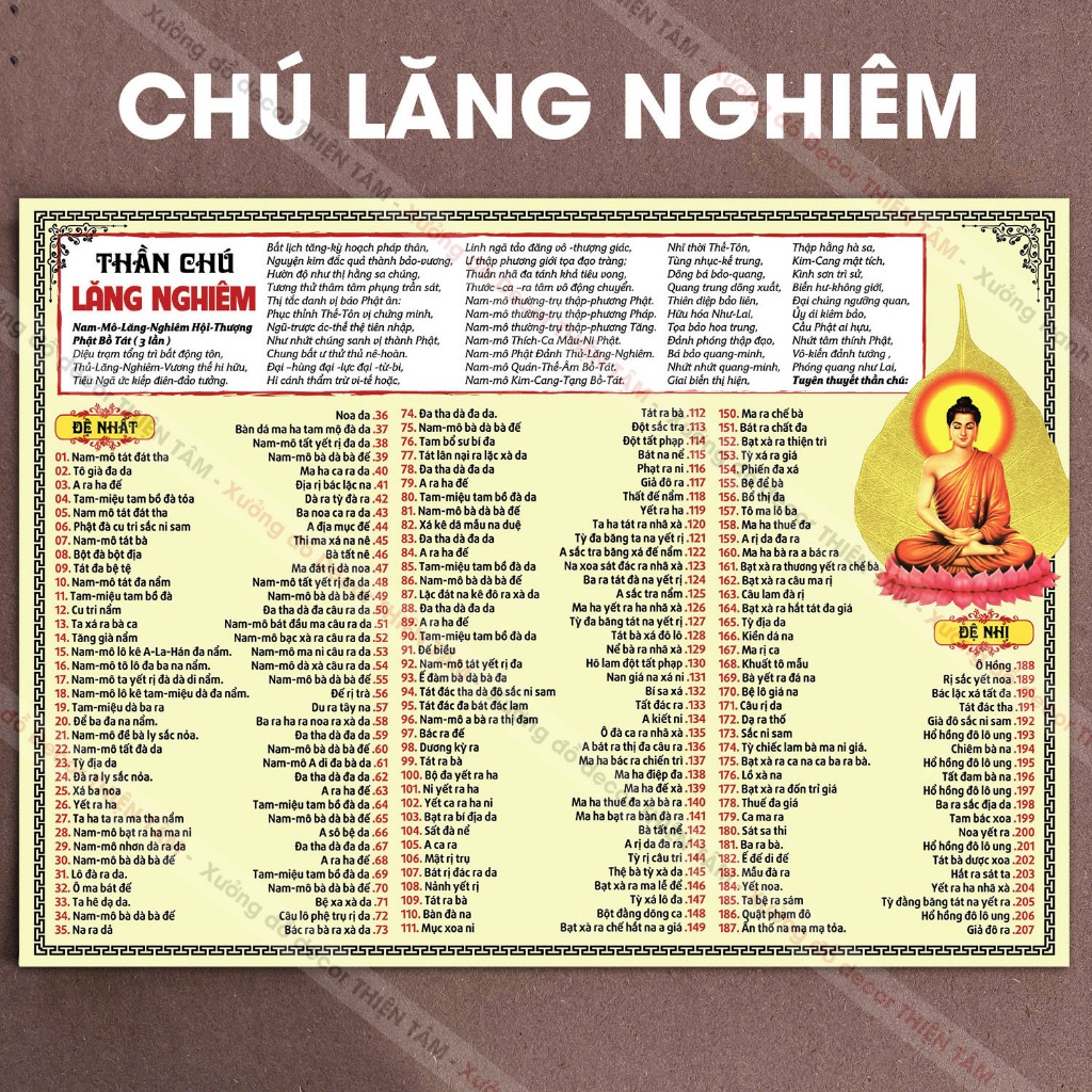 Tờ Chú Lăng Nghiêm khổ A3 (30x41cm) được in 2 mặt bằng giấy couche 250gsm dày, cán màng nilong 2 mặt