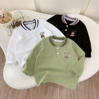  Áo dài tay cổ dệt Beemo thêu hình gấu cosy vải cá sấu co giãn cho bé trai từ 9-24kg 5323ADB 