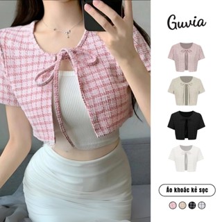 Set áo khoác Croptop Kẻ Sọc dây cột nơ GUVIA, set áo khoác dạ tay ngắn kèm áo hai dây mặc đi cafe đi chơi AK02