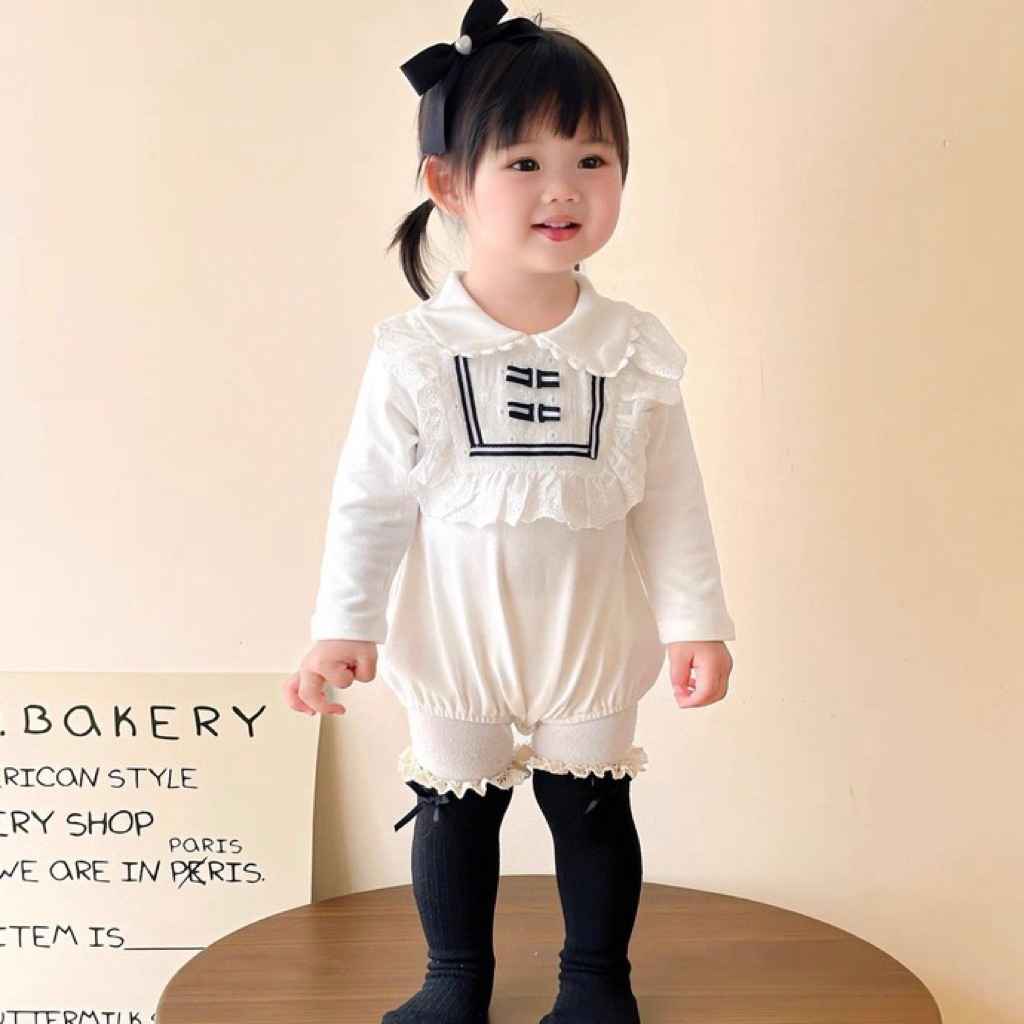Bodysuit cho bé gái SUSHI BABY SHOP đồ liền thân sơ sinh trắng đính nơ xanh váy công chúa đầm dài ta