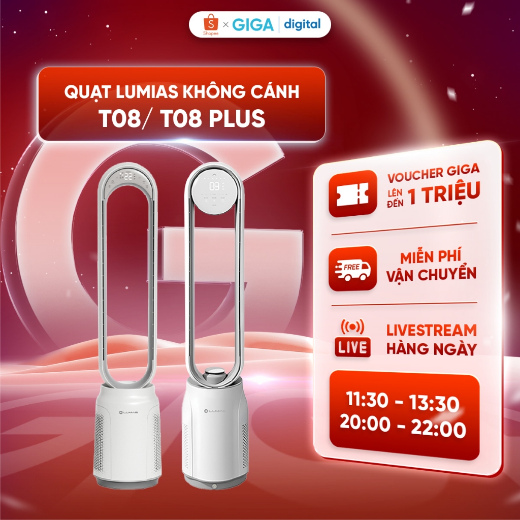 Quạt Lumias T08/ T08 Plus không cánh, 33W - 3 chế độ gió, điều khiển từ xa, lọc 5 lớp AEC