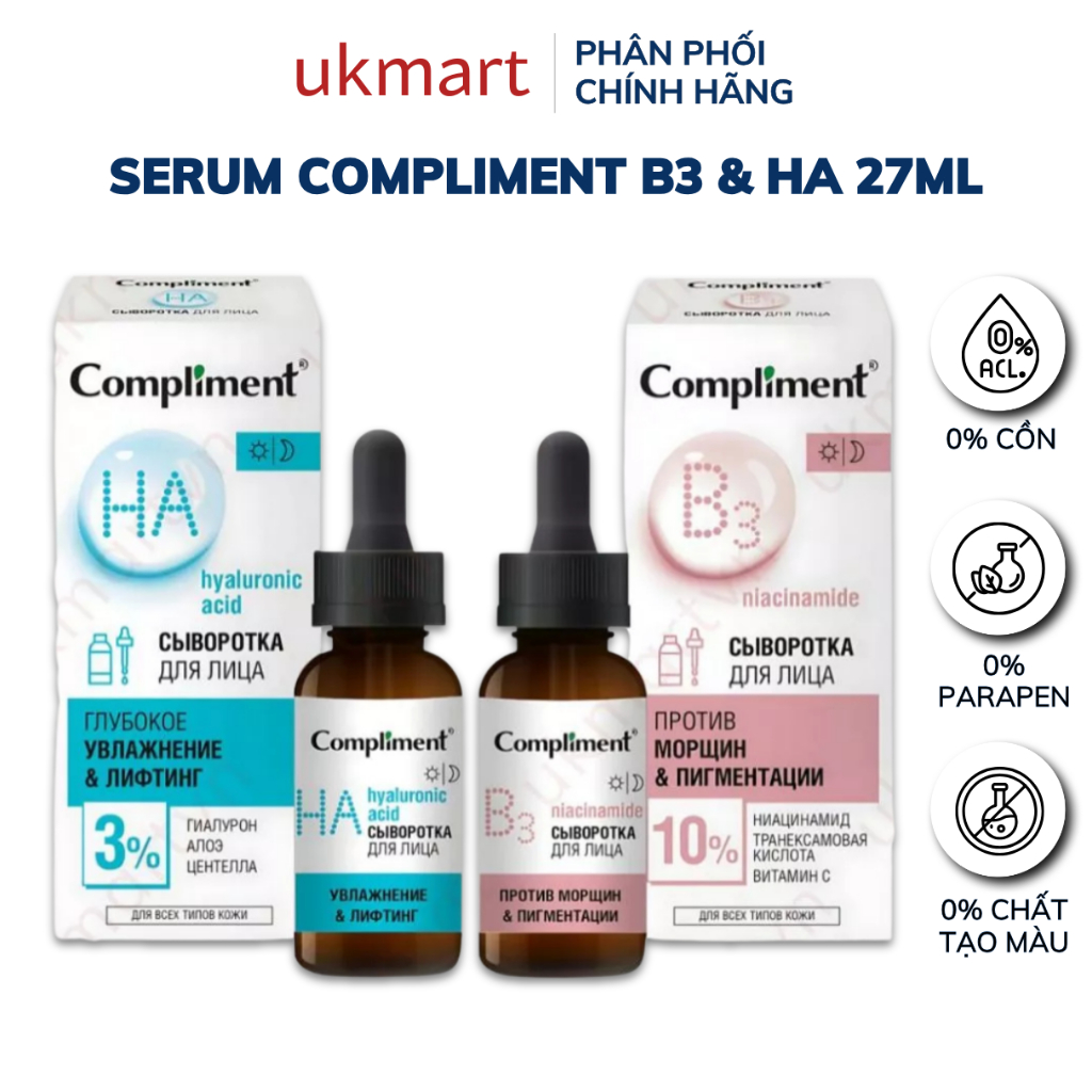 Serum Tinh chất Dưỡng Da Compliment B3 Anti-wrinkle Đều Màu, Kiềm Dầu, Dưỡng Ẩm, Trắng Sáng 27ml
