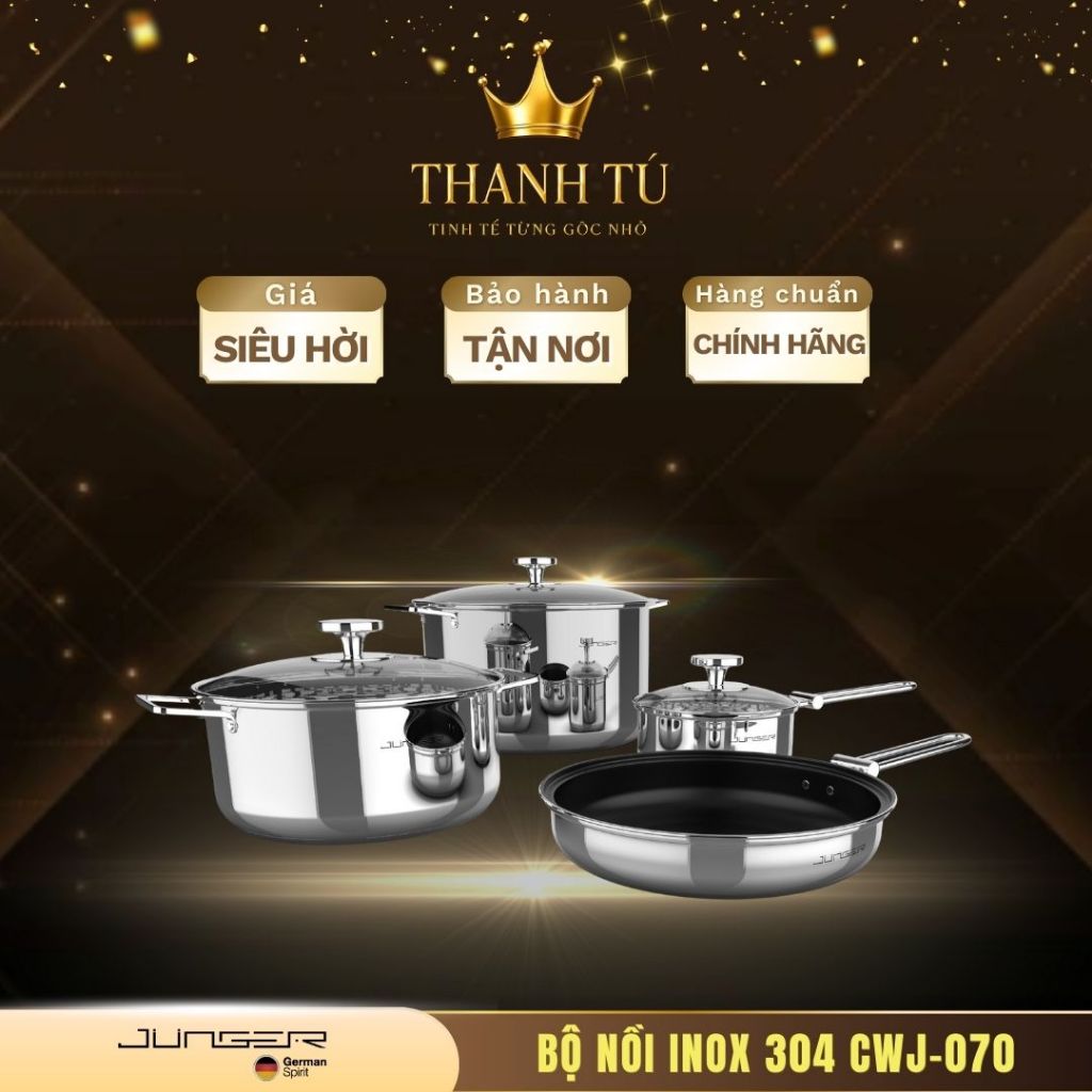 Bộ Nồi Inox 304 Junger CWJ-070 Thiết Kế Hiện Đại Nắp Kính Cường Lực Bền Bỉ
