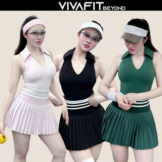 Bộ đồ thể thao nữ, set đồ Pickleball VIVAFIT ESSENTIAL gồm Bra có cổ và Chân váy xếp li cạp kẻ cao