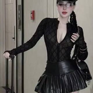  Áo Lưới Nhung Chữ Nổi 1 lớp Hotgirl Dáng Ôm kéo Khóa 