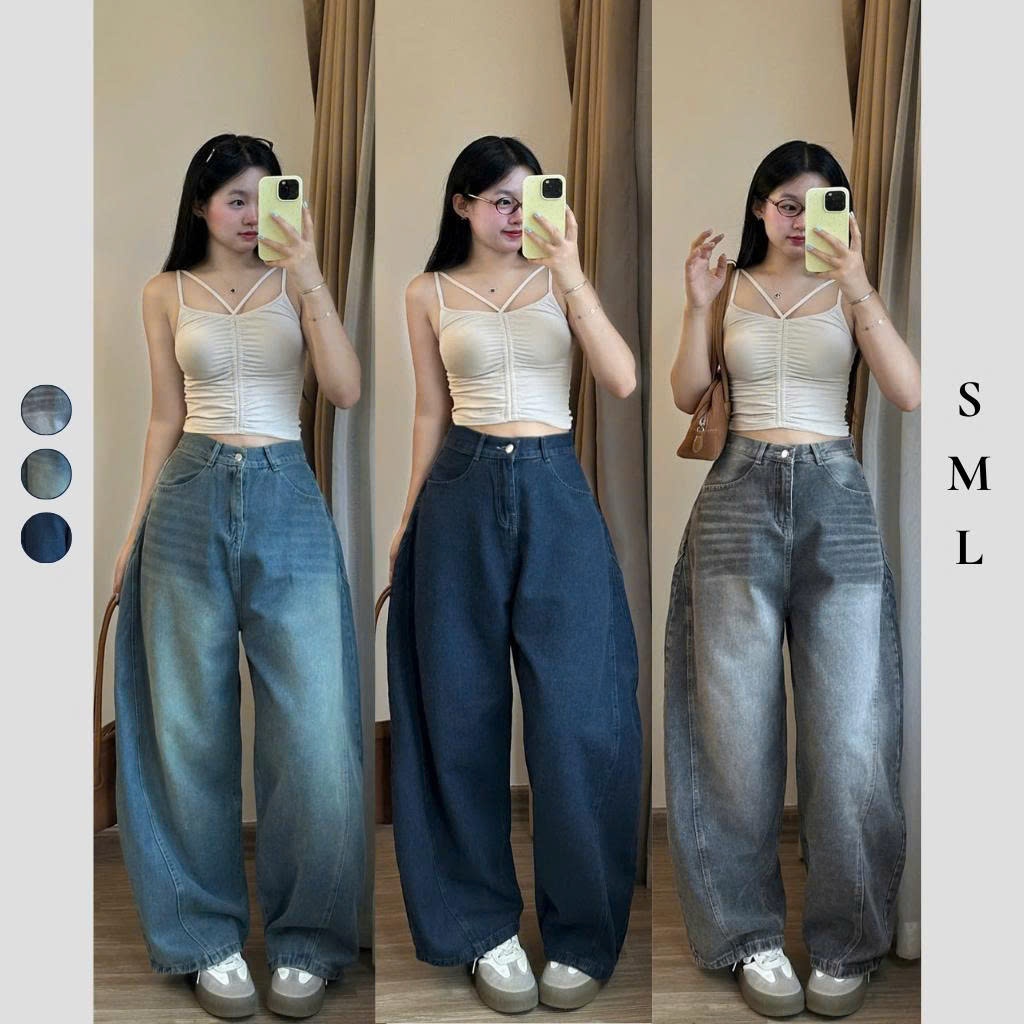 Quần jean ống rộng nữ Bonyoung cạp cao bo gấu, dáng suông baggy tôn dáng thoáng khí QJeanboi1208