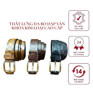 Thắt Lưng Nam Da Bò Nhập Khẩu Dập Vân Caro Khoá Hợp Kim Cao Cấp 120x3.8cm Bảo Hành 24 Tháng