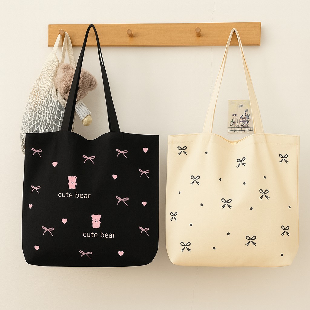 Túi tote vải Labubu Capybara có khóa kéo miệng , túi vải đeo vai có ngăn phụ bên trong đựng laptop 15inch sách vở đi học