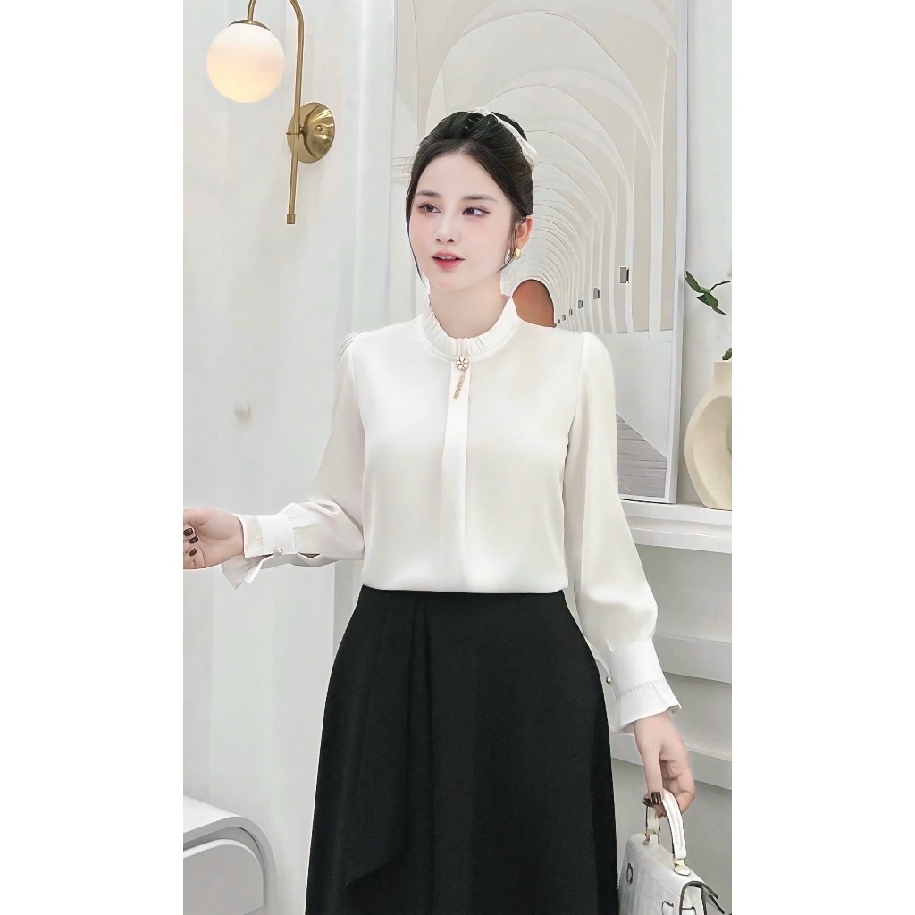 Áo sơ mi công sở cổ bèo đính đá thời trang Áo sơ mi nữ tay dài chất lụa Tô Châu cao cấp - PH SMD003