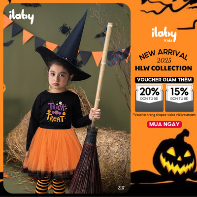 Đồ halloween cho bé gái ILABY set váy halloween hoá trang in hình chân váy bí ngô [2117]