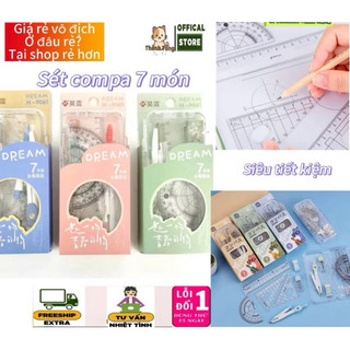  Bộ đồ dùng học tập 7 món học sinh  bộ hộp thước kẻ 20cm eke compa,... trong suốt cứng cáp cho học sinh 