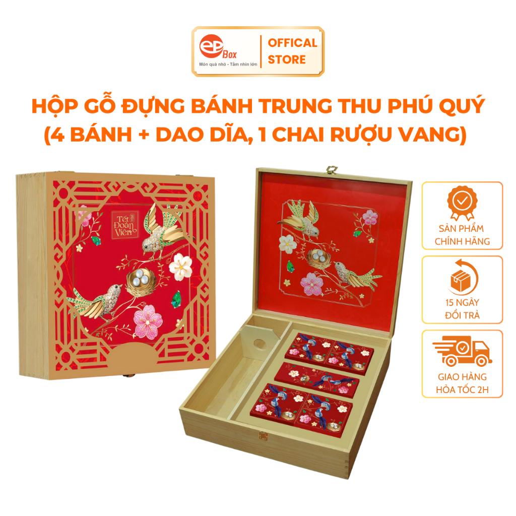 Hộp Bánh Trung Thu Phú Quý, Hộp Đựng 4 Bánh Trung Thu 150Gr, Cắt Bánh Và 1 Chai Rượu Vang 750ml