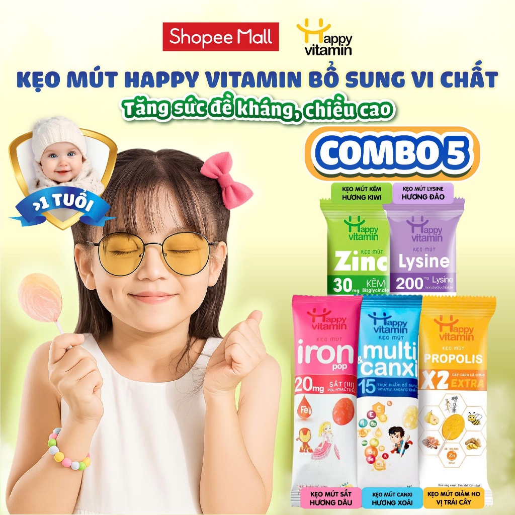 Kẹo mút Happy Vitamin bổ sung Canxi/Sắt/Kẽm/Lysin/Keo ong, tăng sức đề kháng, chiều cao