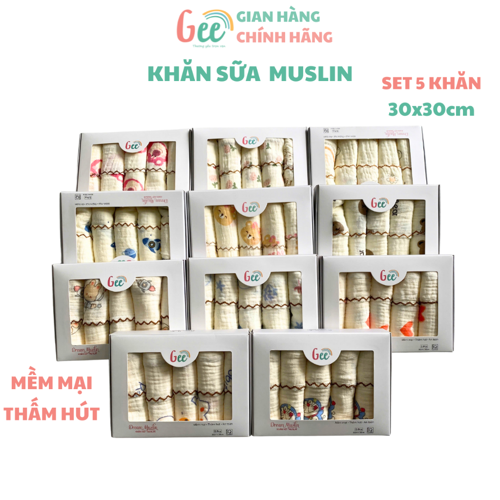 Khăn sữa muslin Gee, set 5 khăn xô 2 lớp mềm mịn mát, thấm hút, an toàn cho bé, họa tiết dễ thương, vải cotton, 30x30cm