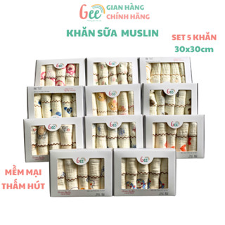 Khăn sữa muslin Gee, set 5 khăn xô 2 lớp mềm mịn mát, thấm hút, an toàn cho bé, họa tiết dễ thương, vải cotton, 30x30cm