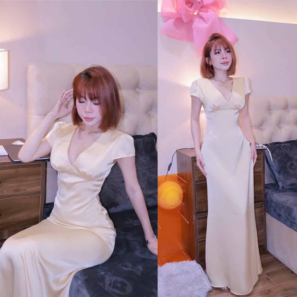ĐẦM LỤA  có tay, nhún v1, có khóa kéo bên hông, dáng đuôi cá nhẹ, vải lụa tô châu ( Mã 7480 ) | BigBuy360 - bigbuy360.vn