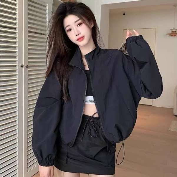 Áo Khoác Gió Nữ 2 Lớp - CROPTOP + Có Dây Rút - Áo Khoác Gió Bomber Dù Hai Lớp Chống Nước Cản Gió Chống Tia Uv Menwear