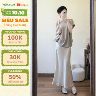 Chân váy lụa dáng dài đuôi cá PEAR.CLUB, chân váy đuôi cá dài trắng xếp ly đi biển mùa hè, chất vải mềm mịn, thoải mái