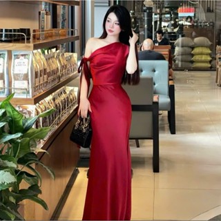  M684 Đầm Lụa Dự Tiệc Trễ Vai Phối Nơ Lệch Vai Lụa Hàn Váy Lụa Đầm Dự Tiệc Cưới Lệch Vai Dây Thắt 