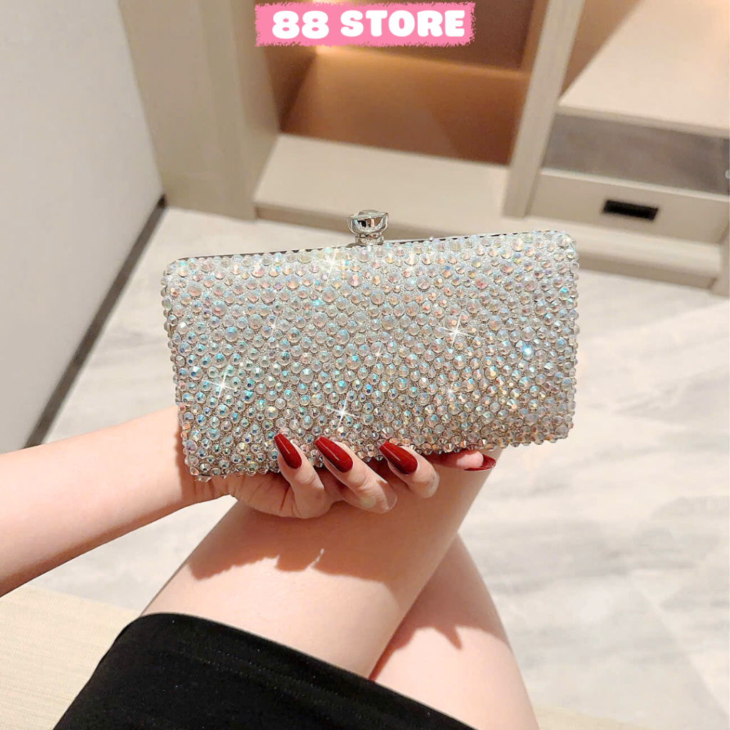 Túi xách nữ đeo chéo kiêm ví cầm tay đính đá nhân tạo sáng lấp lánh đi tiệc dạ hội sang chảnh A-46