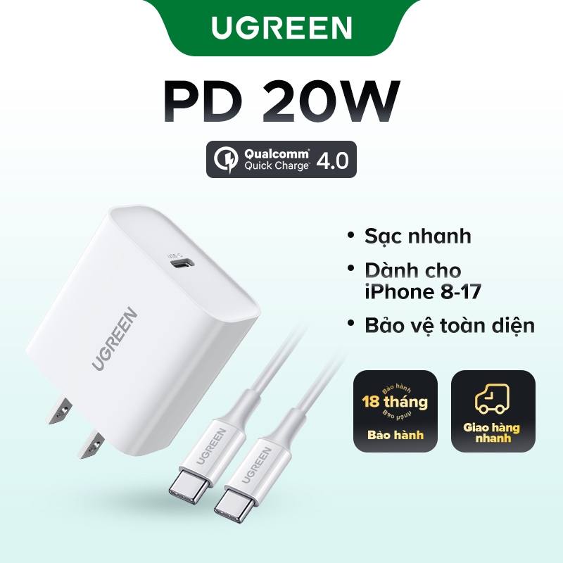 UGREEN PD 20W, Bộ sạc USB C, Bộ sạc nhanh, Bộ sạc tường USB-C, Bộ Chuyển Đổi nguồn, Tương thích với iPhone 16 Pro Max