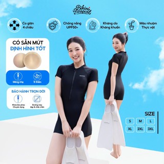 Đồ bơi nữ một mảnh tay ngắn kiểu quần short kín đáo, thể thao, có bigsize đến 75kg - BIKINI PASSPORT -  Đen - BS400_BL
