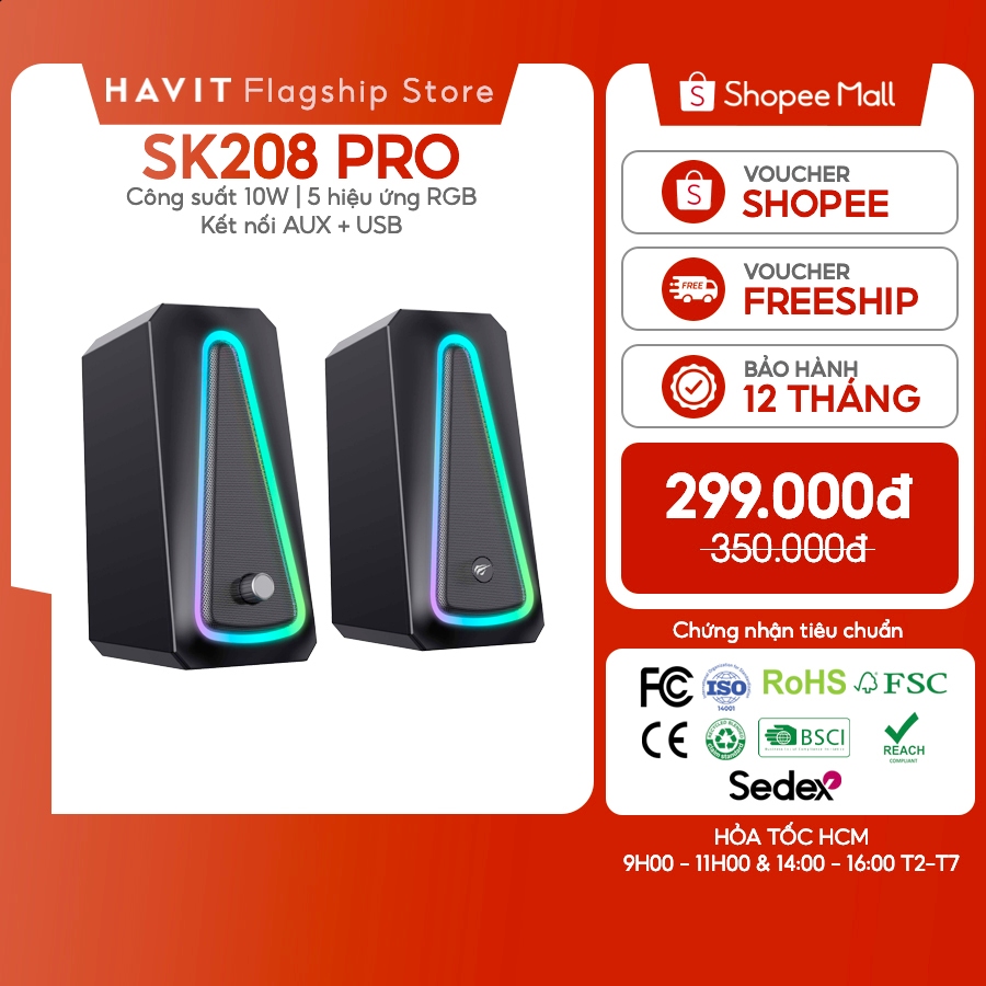 Loa Vi Tính Havit SK208 Pro Công Suất 10W | Kết nối USB, AUX | Đèn Led RGB | BigBuy360 - bigbuy360.vn