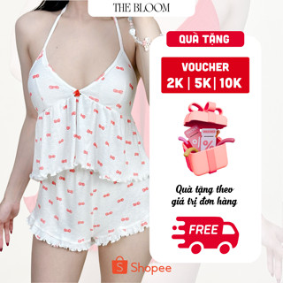 THE BLOOM [CÓ MÚT] Set Bộ Đồ Ngủ Nữ Babydoll Cổ Yếm Có Sẵn Mút Mềm & Quần Đùi Ngắn Viền Bèo Chất Gân Cotton | SE059