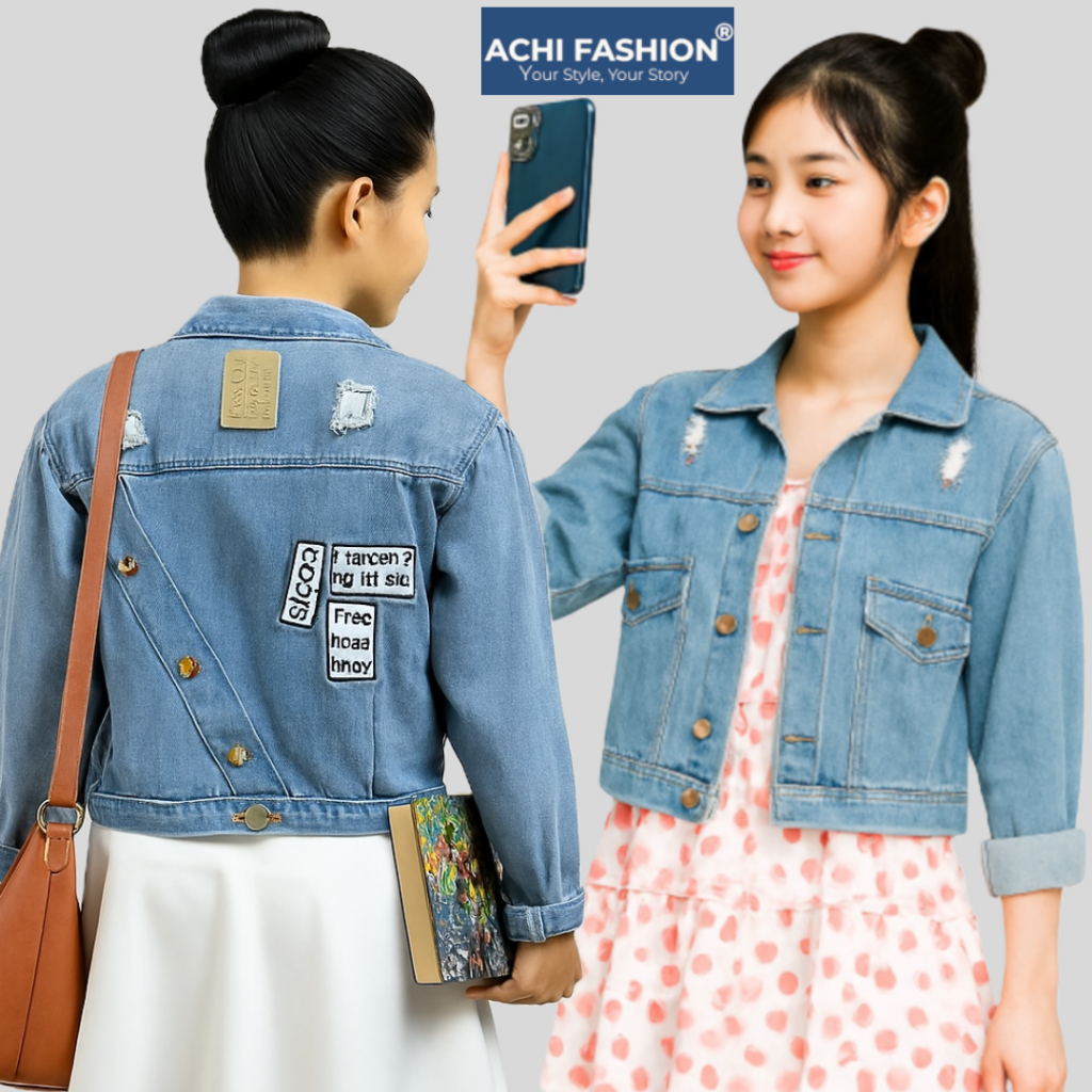 Áo khoác jean nữ xanh tà chéo Rugyb form lững M 48cm - form vừa L 52cm BB Jeans