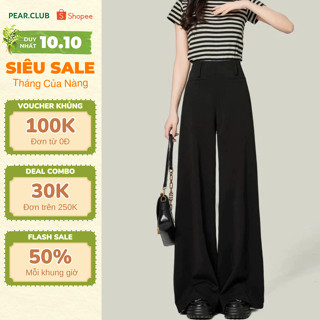 Quần vải ống rộng PEARCLUB, quần tây ống suông rộng cạp cao dáng dài màu đen cho nữ, chạm đất, mặc đi làm, đi chơi Q15