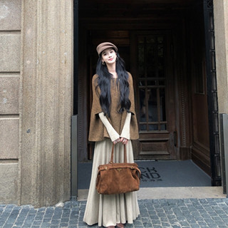  GDCARRY  Set váy thu đông liền thân dáng Maxi dài tay mix áo khoác ngoài thanh lịch sang trọng 