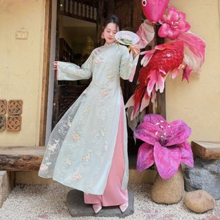  BIGSIZE Áo Dài Nữ Cách Tân Dáng Suông Chụp Ảnh Mặc Tết Tơ Thêu 4 Tà Tay Dài ABS09 