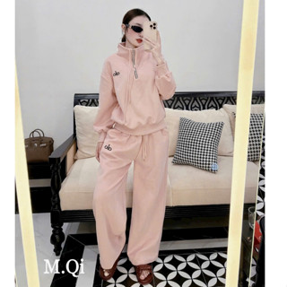 Bộ Nỉ Nữ Cổ Kéo Khóa Thêu Chữ Quần Suông Chất Liệu Nỉ Cao Cấp Ấm Áp Không Xù LO5