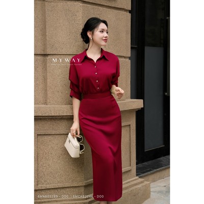 Set Đồ Công Sở Nữ MY WAY Áo Sơ Mi Lụa Nhún Tay Mix Chân Váy Dài Ôm Xẻ Tà Thanh Lịch 6MAB02289 6MCAB2246w xa0