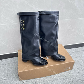  Giày bốt nữ da thật cổ cao boot ống đứng đính cúc mũi tròn da bóng gót 5p .Thuytienshoes  Q9717-1  