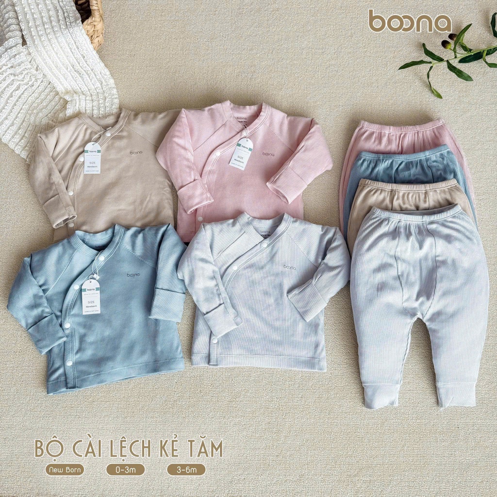 Bộ quần áo dài tay cài lệch Boona cho bé sơ sinh chất vải tăm gân mềm mại, co giãn, thoáng mát