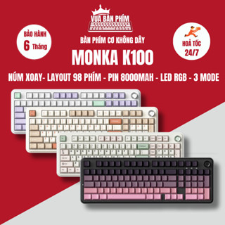 Bàn phím cơ không dây Monka K100 núm xoay ,3 mode ,layout 100 phím, mạch xuôi , led rgb,hostswap, keycap pbt double shot