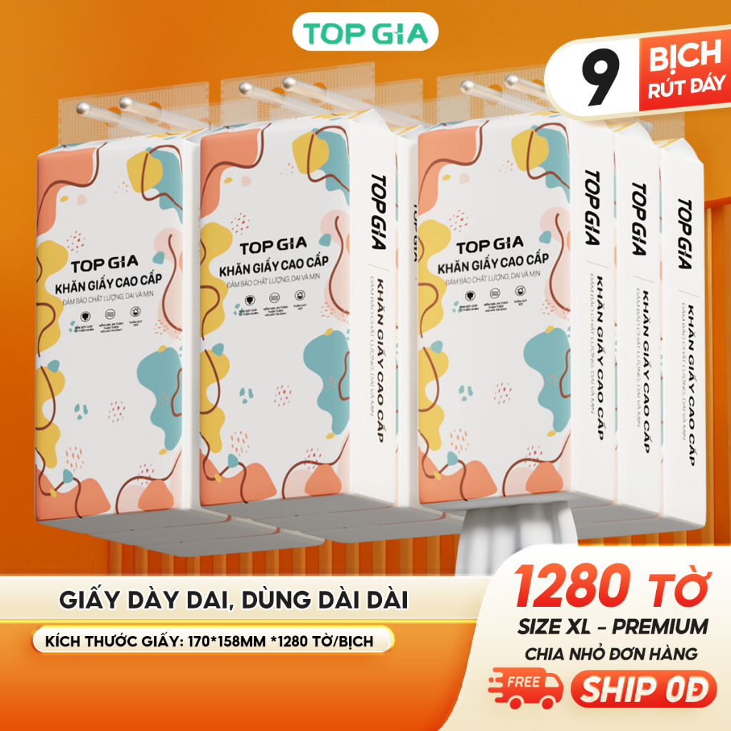 [SIZE TO BẢN CAO CẤP] Khăn giấy rút Top Gia thùng 9, 6, 2 bịch treo tường tiện lợi siêu dai mềm mịn