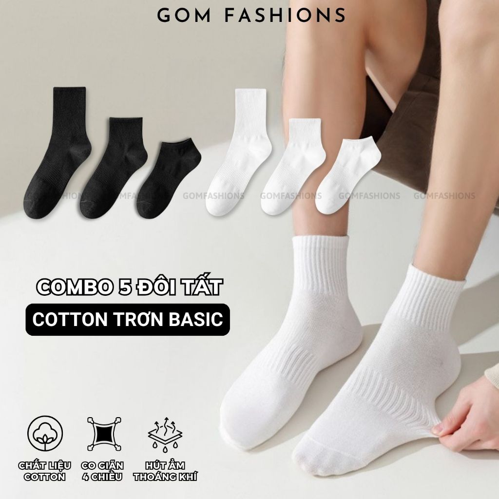 Combo 5 đôi tất trơn cổ cao/trung/ngắn nam nữ GOMTAT, tất thể thao basic chất cotton dày dặn - OAS-1704